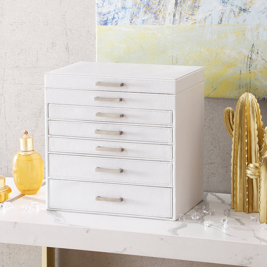 Jewellery Box – Wood – White – 6 Layers with 5 Drawers