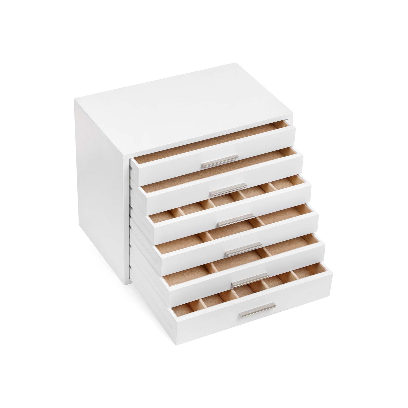 6-Layer Wooden Jewellery Box – White – Organiser for Necklaces, Earrings, Sunglasses, Bracelets, and Watches