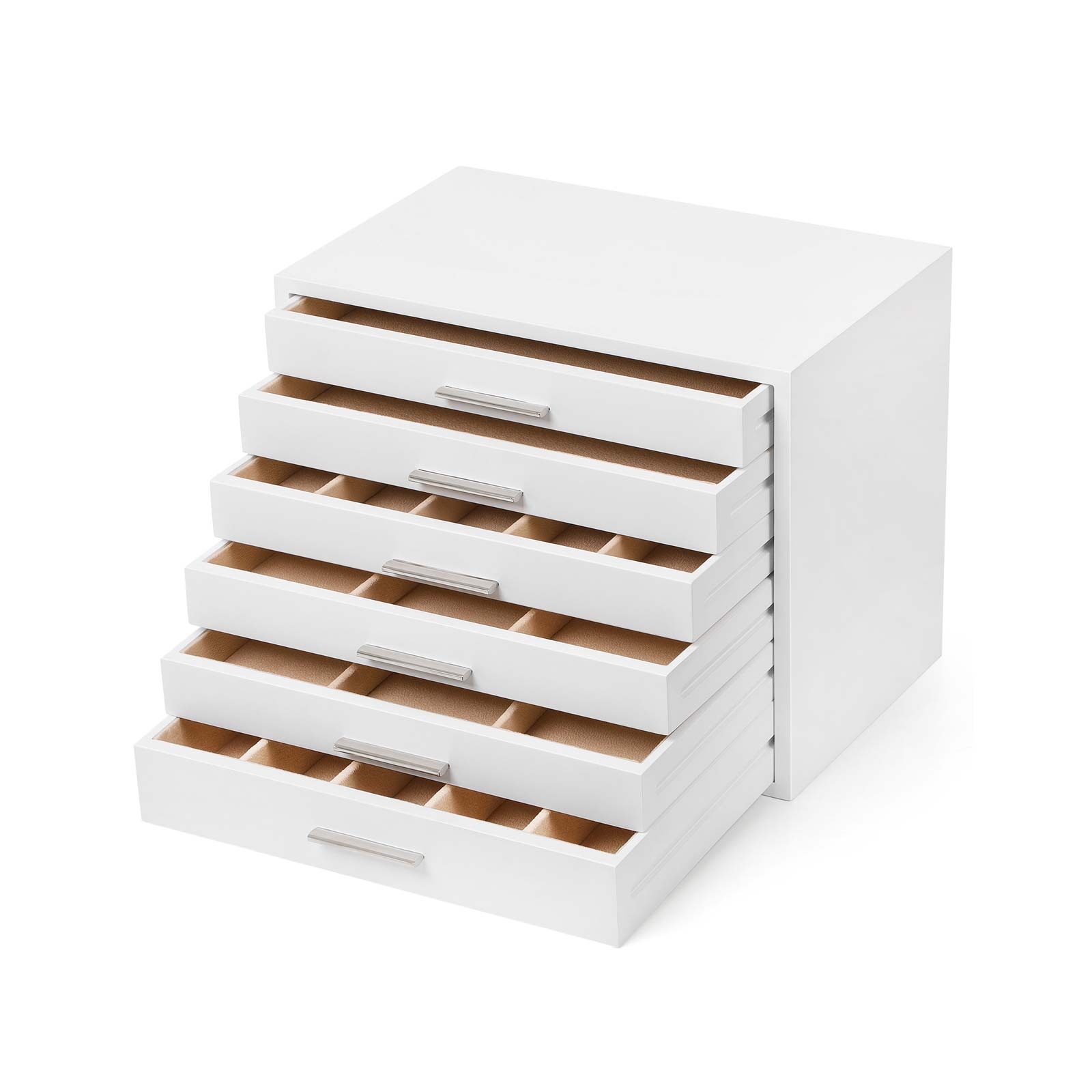 6-Layer Wooden Jewellery Box – White – Organiser for Necklaces, Earrings, Sunglasses, Bracelets, and Watches