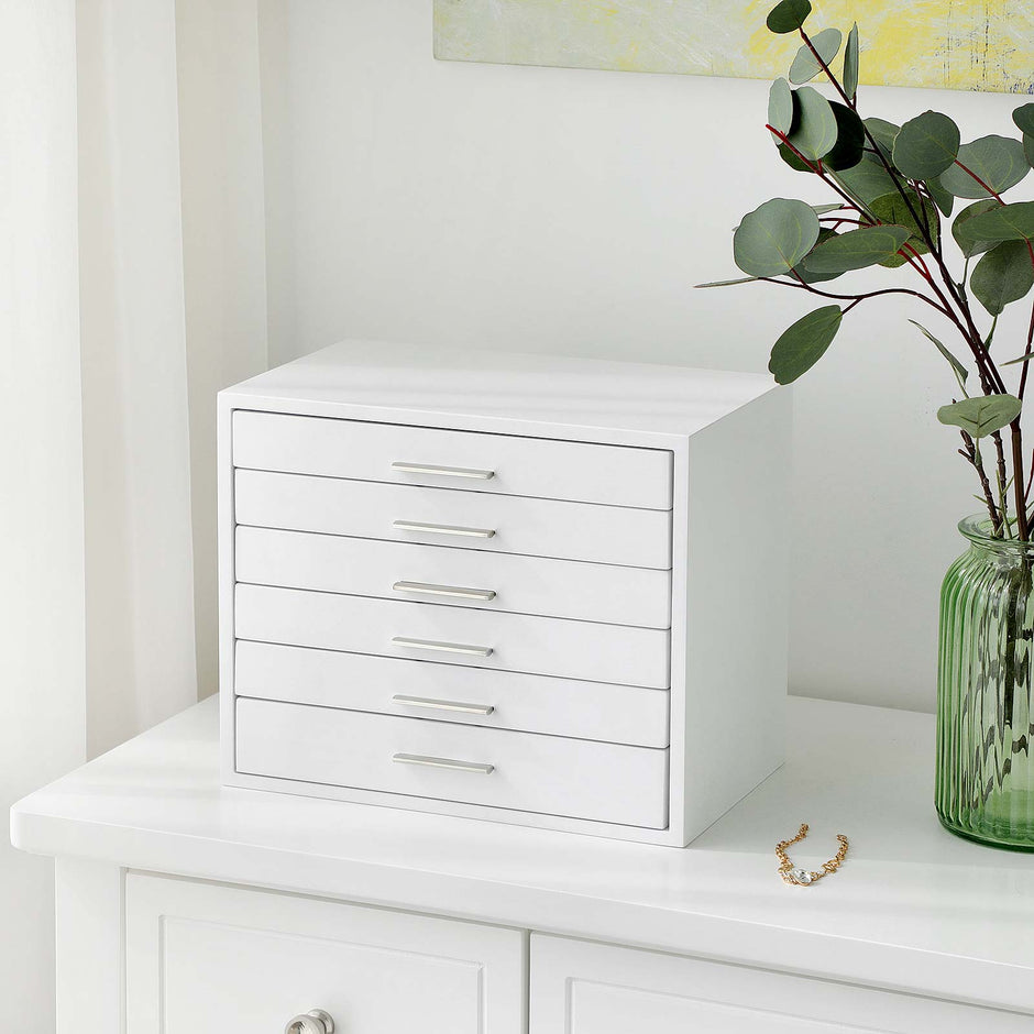6-Layer Wooden Jewellery Box – White – Organiser for Necklaces, Earrings, Sunglasses, Bracelets, and Watches