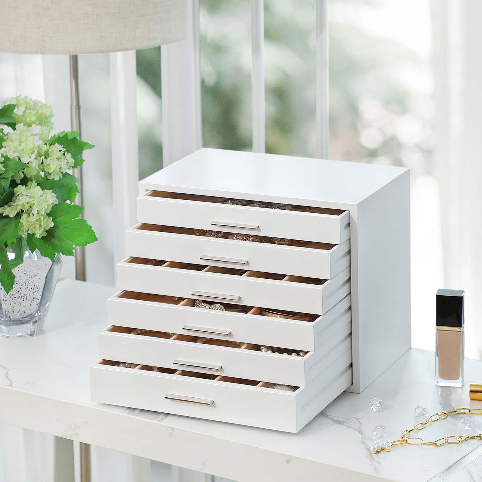 6-Layer Wooden Jewellery Box – White – Organiser for Necklaces, Earrings, Sunglasses, Bracelets, and Watches