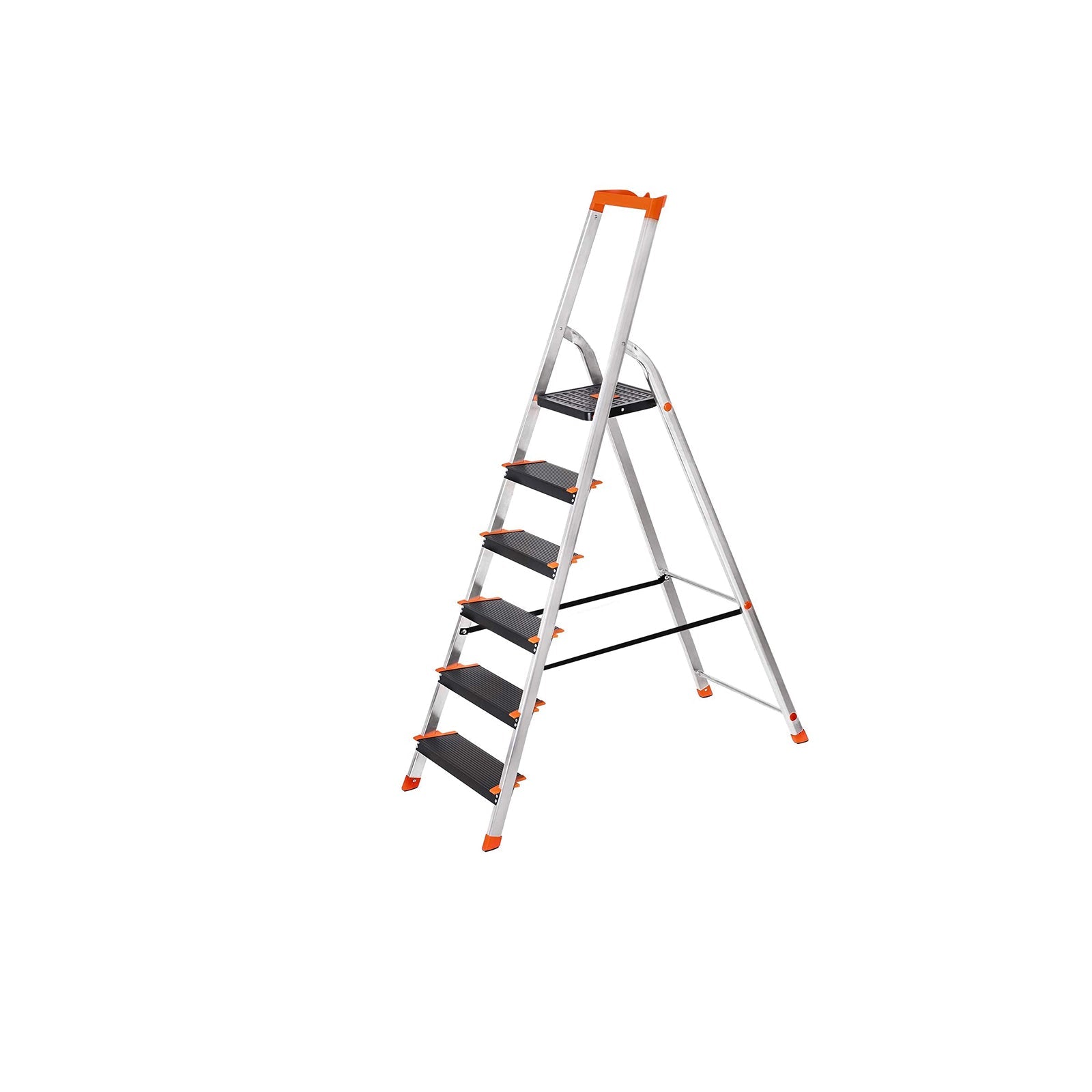 6 Steps Ladder – Aluminium – Black – Folding Design with Tool Tray and Anti-Slip Feet, Max Load 150 kg