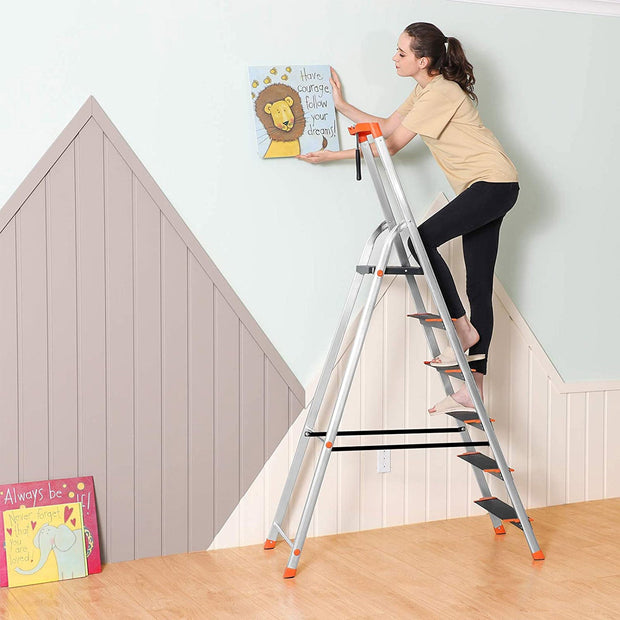 6 Steps Ladder – Aluminium – Black – Folding Design with Tool Tray and Anti-Slip Feet, Max Load 150 kg