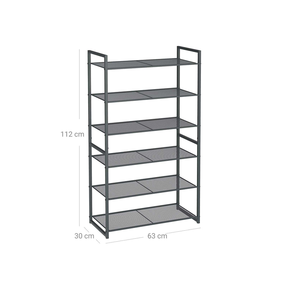 6 Tier Shoe Rack – Metal – Smoky Grey – Stackable Storage for 18-24 Pairs of Shoes