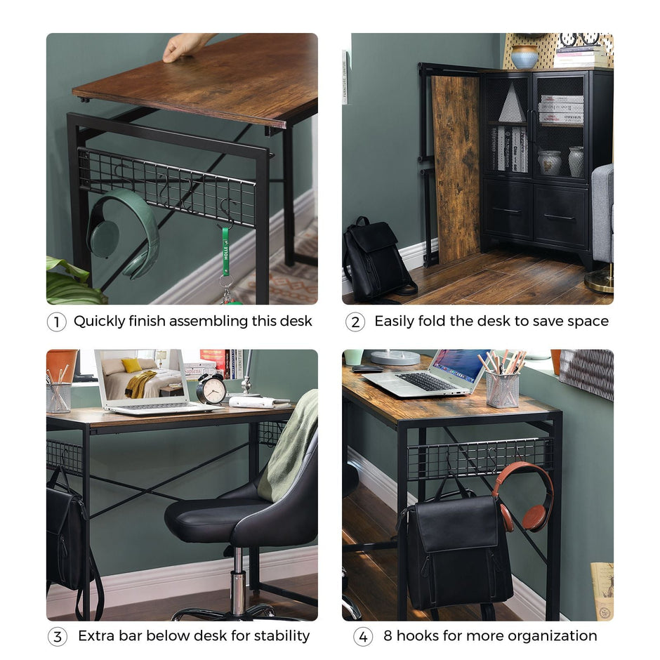Folding Writing Desk – Wood and Metal – Rustic Brown and Black – 8 Hooks, No Tools Required