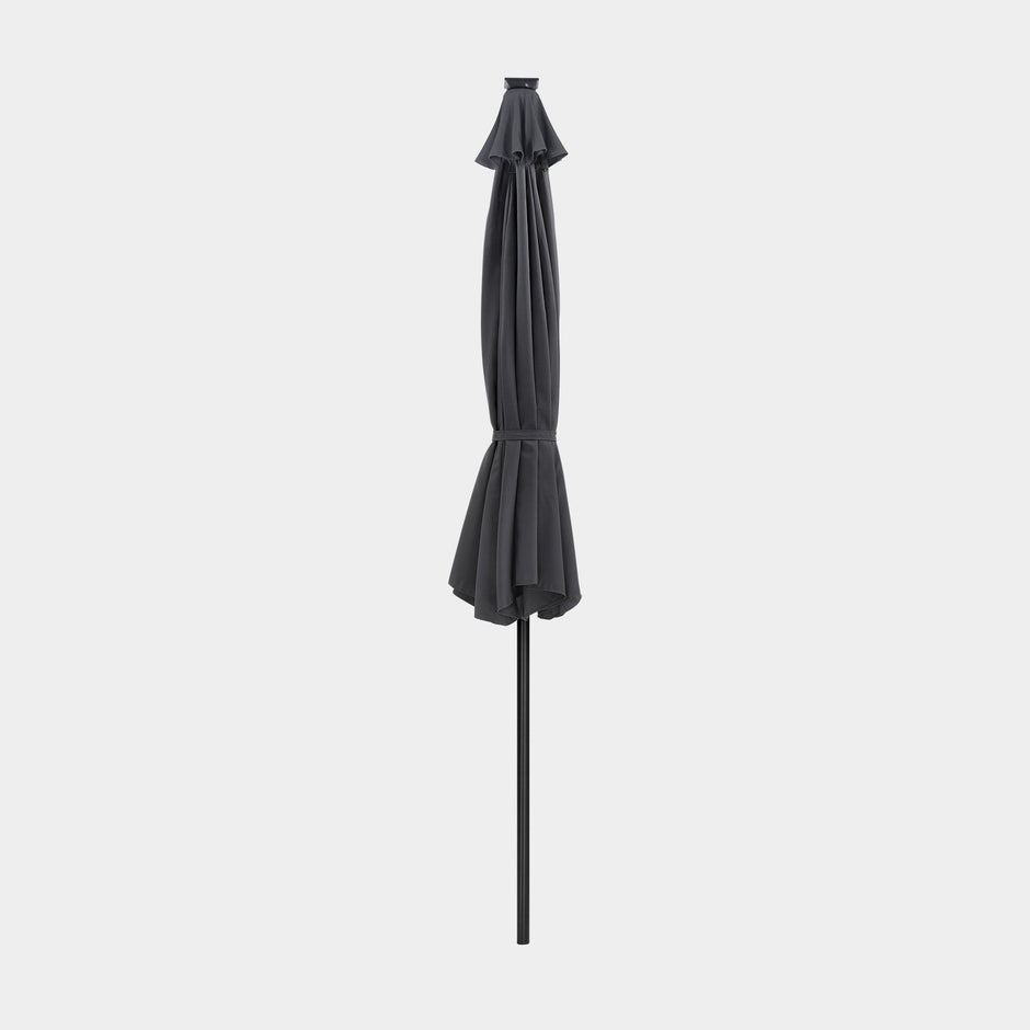 Large Patio Sun Umbrella – Fabric – Grey – Solar-Powered LED Lights, UPF 50+ Protection, Tilting Mechanism