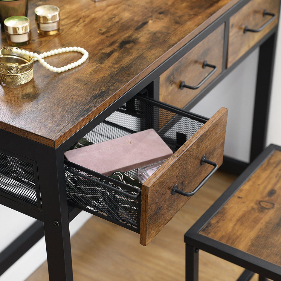 Vanity Table Set – Steel Frame – Rustic Brown and Black – Tri-Fold Mirror, 3 Drawers
