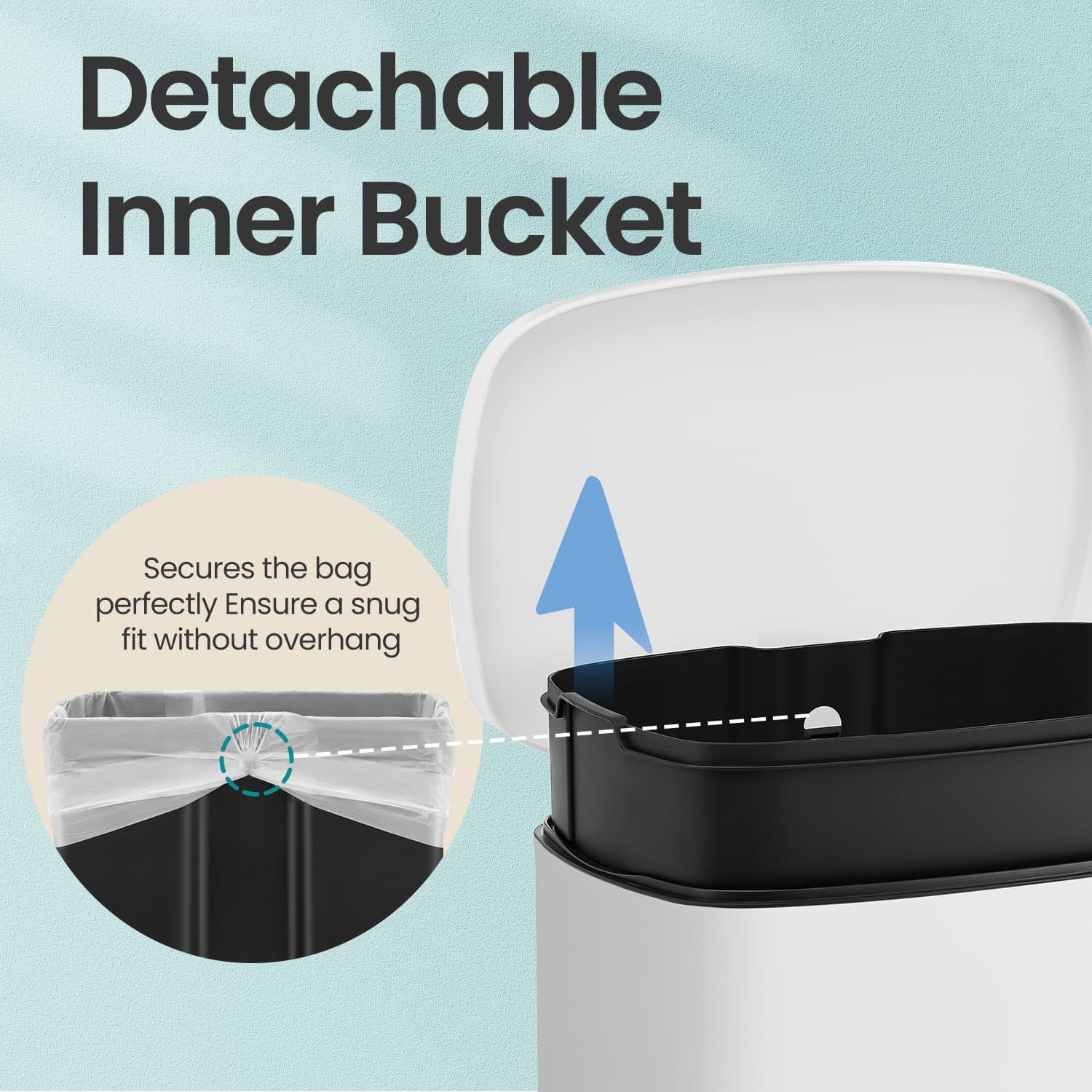 Waste Bin – Stainless Steel – White – 50L, Step-On Pedal, Soft Close, Removable Inner Bucket