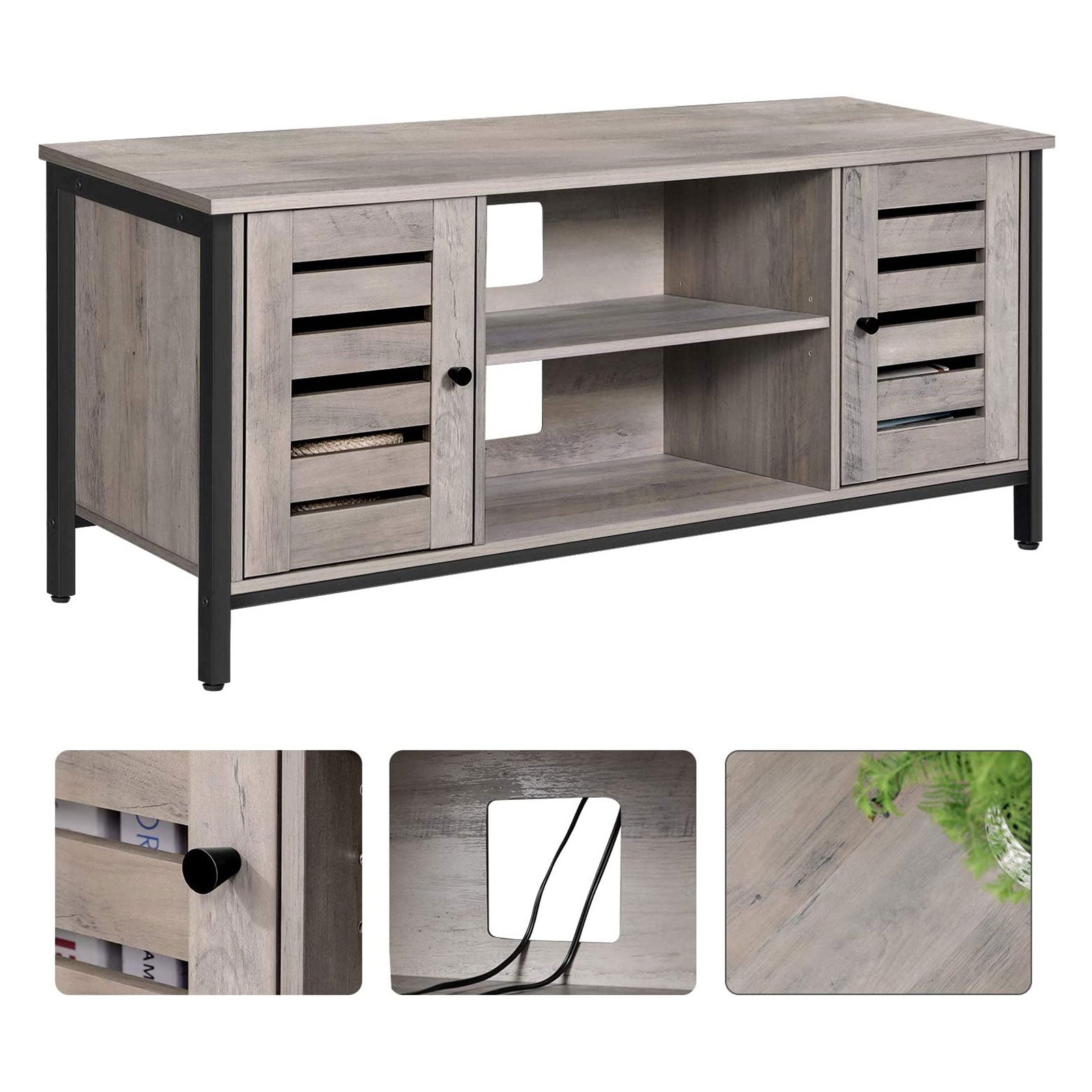 TV Console Unit – Wood – Rustic Brown – Louvered Doors, Storage Shelves