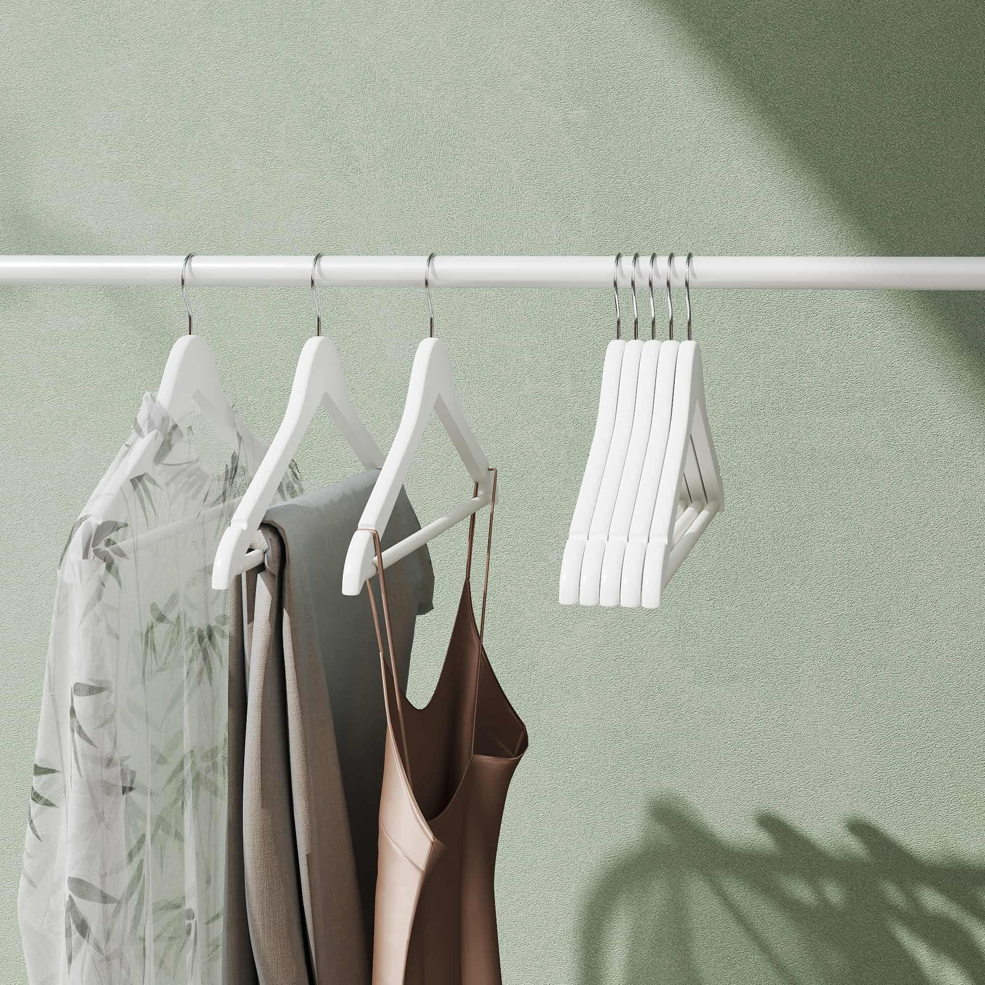 Coat Hangers – Wood – White and Silver – Set of 20 with Shoulder Notches and Anti-Slip Trousers Bar