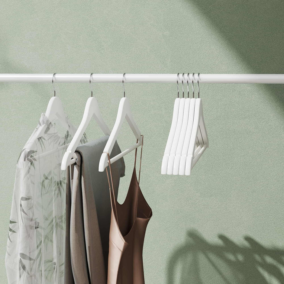Coat Hangers – Wood – White and Silver – Set of 20 with Shoulder Notches and Anti-Slip Trousers Bar
