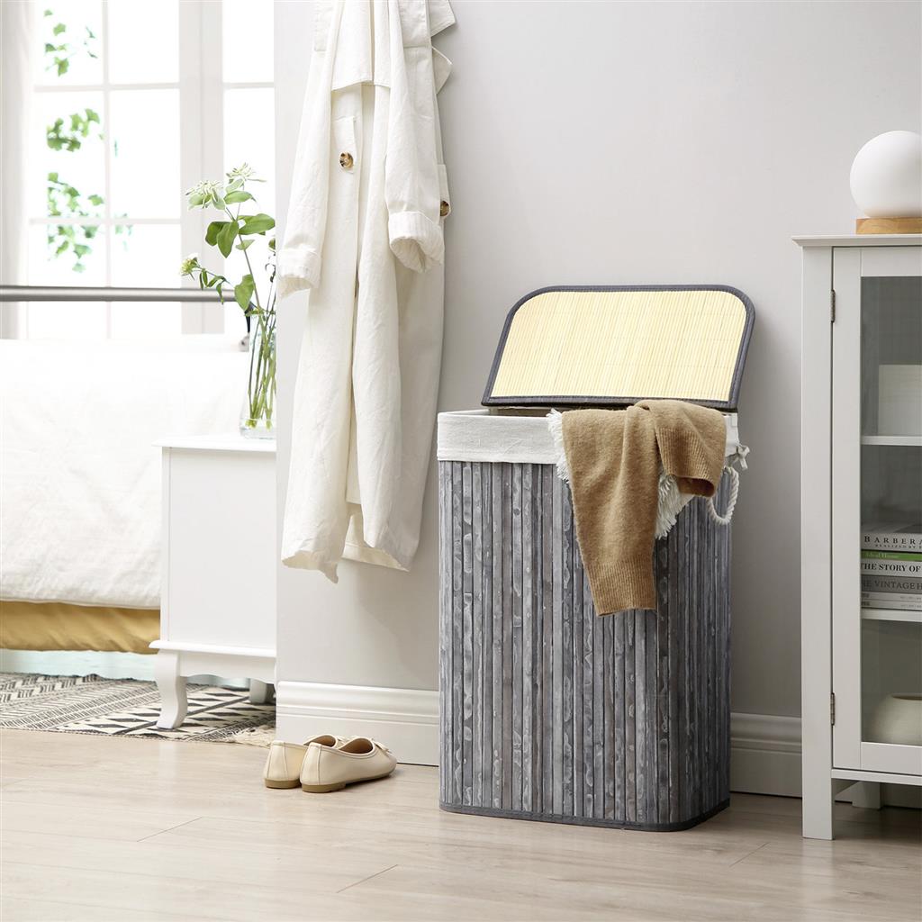 Laundry Hamper – Bamboo – Distressed Grey – 72L Capacity, Clip-On Lid, Foldable, Removable Liner Bag