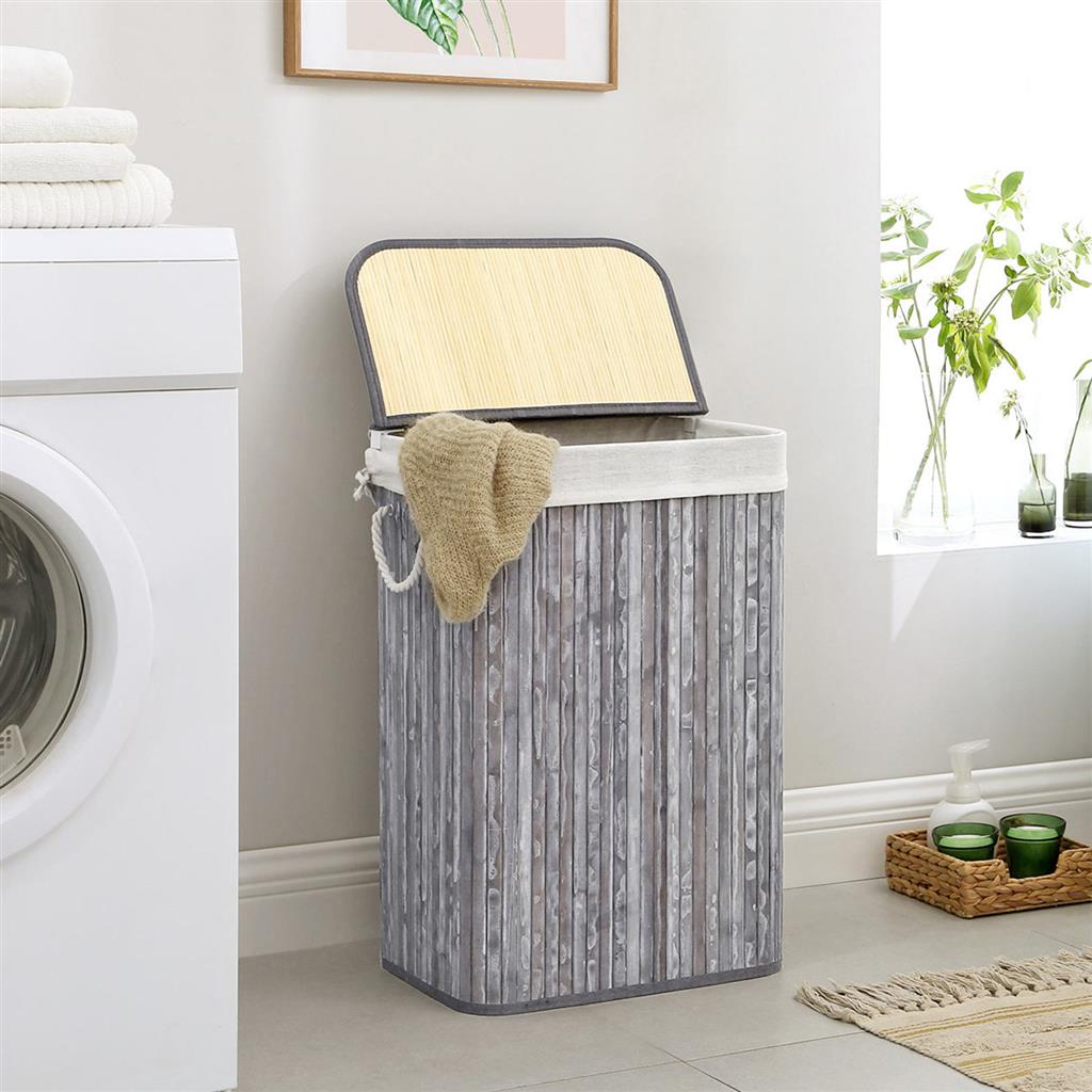 Laundry Hamper – Bamboo – Distressed Grey – 72L Capacity, Clip-On Lid, Foldable, Removable Liner Bag