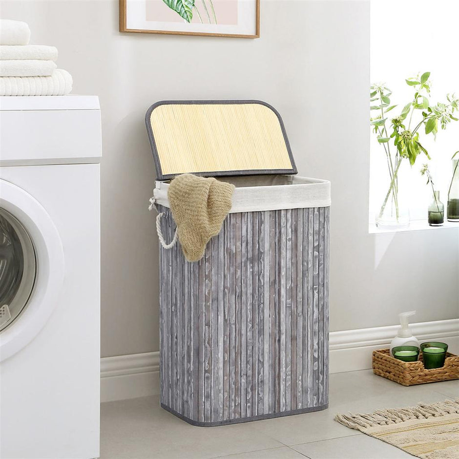Laundry Hamper – Bamboo – Distressed Grey – 72L Capacity, Clip-On Lid, Foldable, Removable Liner Bag