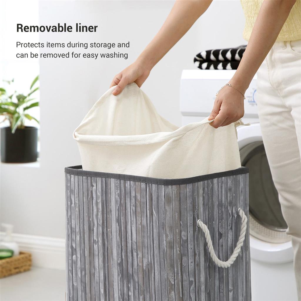 Laundry Hamper – Bamboo – Distressed Grey – 72L Capacity, Clip-On Lid, Foldable, Removable Liner Bag