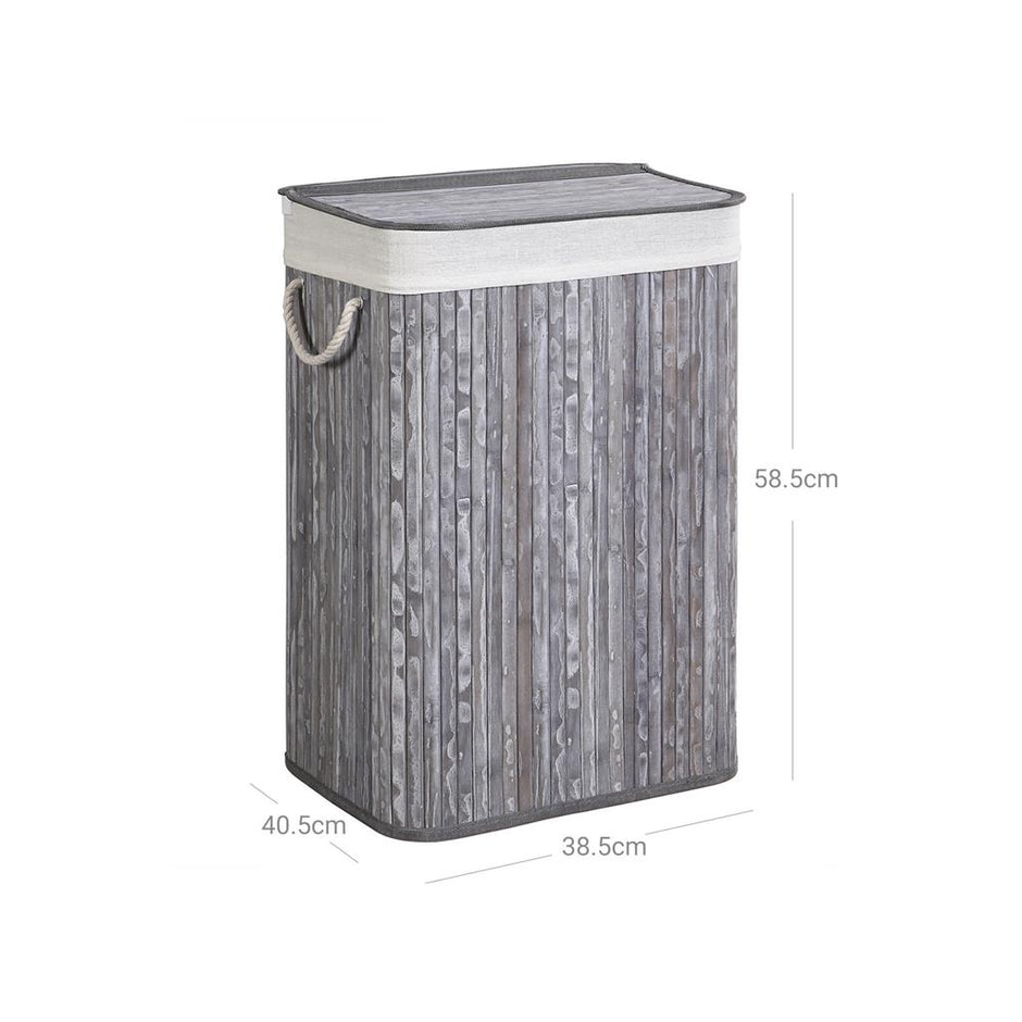 Laundry Hamper – Bamboo – Distressed Grey – 72L Capacity, Clip-On Lid, Foldable, Removable Liner Bag