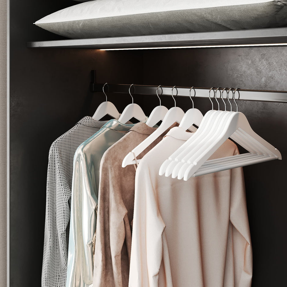 Coat Hangers – Wood – White and Silver – Set of 20 with Shoulder Notches and Anti-Slip Trousers Bar