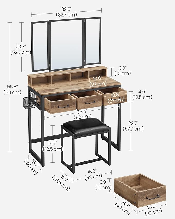 Dressing Table – Wood – Industrial Style – Tri-Fold Mirror, 3 Drawers, Hair Dryer Holder