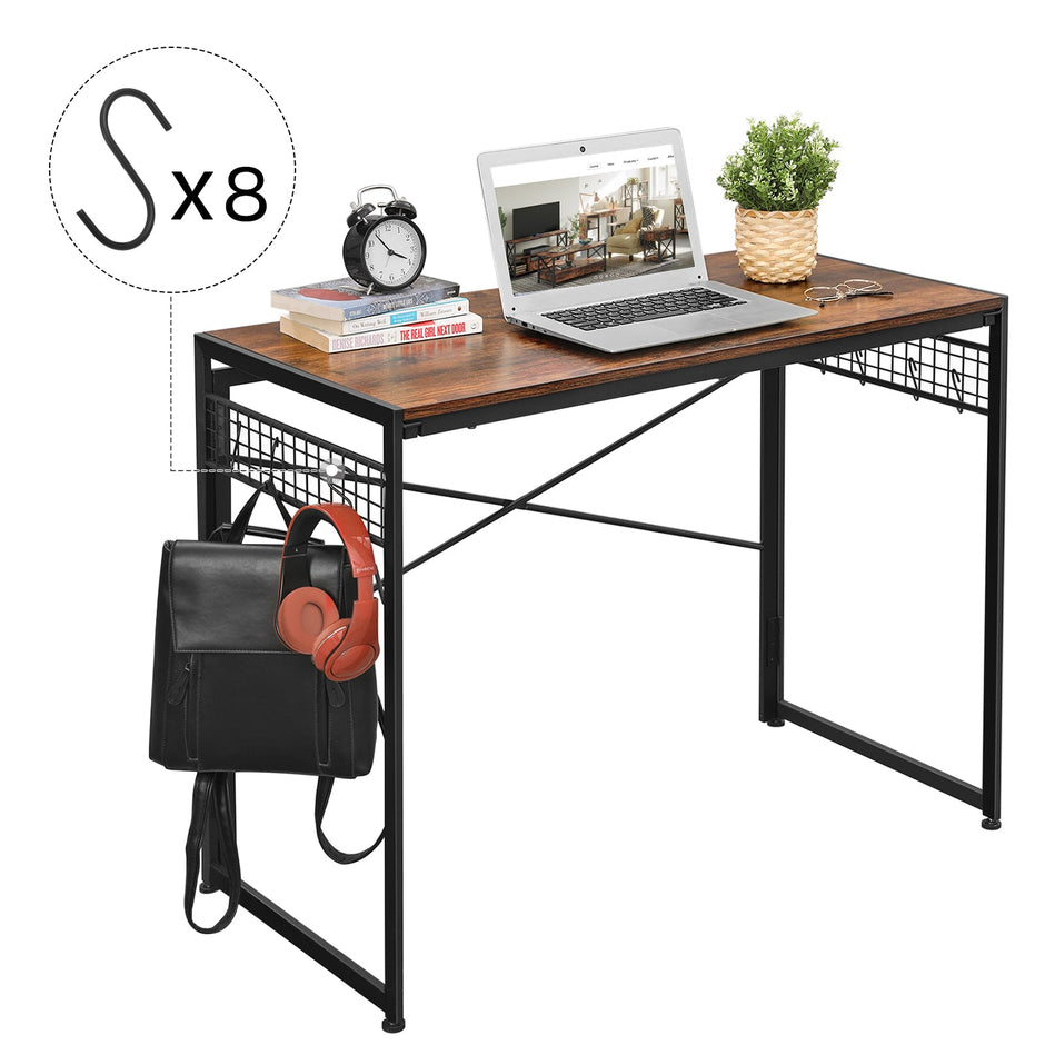 Folding Writing Desk – Wood and Metal – Rustic Brown and Black – 8 Hooks, No Tools Required