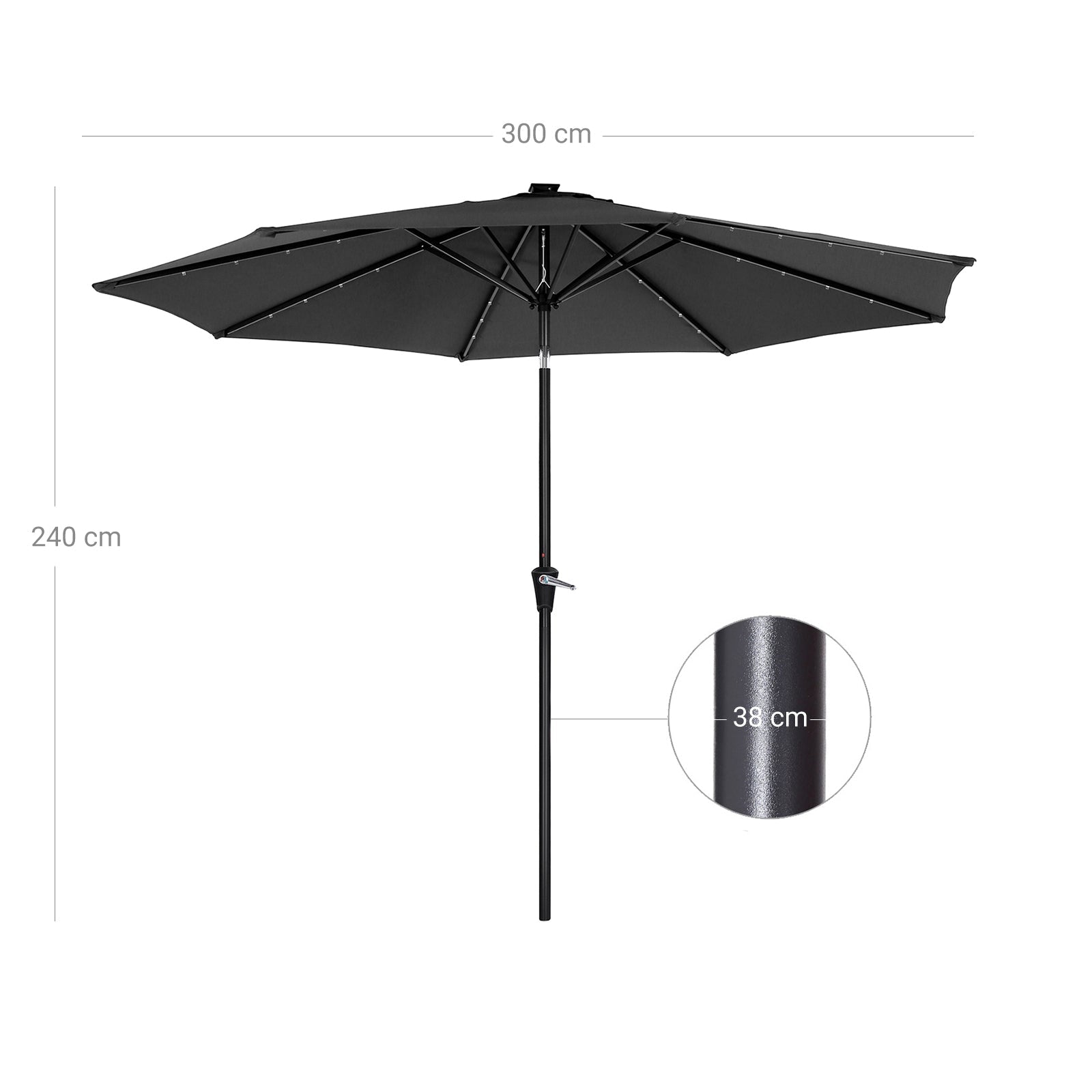 Large Patio Sun Umbrella – Fabric – Grey – Solar-Powered LED Lights, UPF 50+ Protection, Tilting Mechanism
