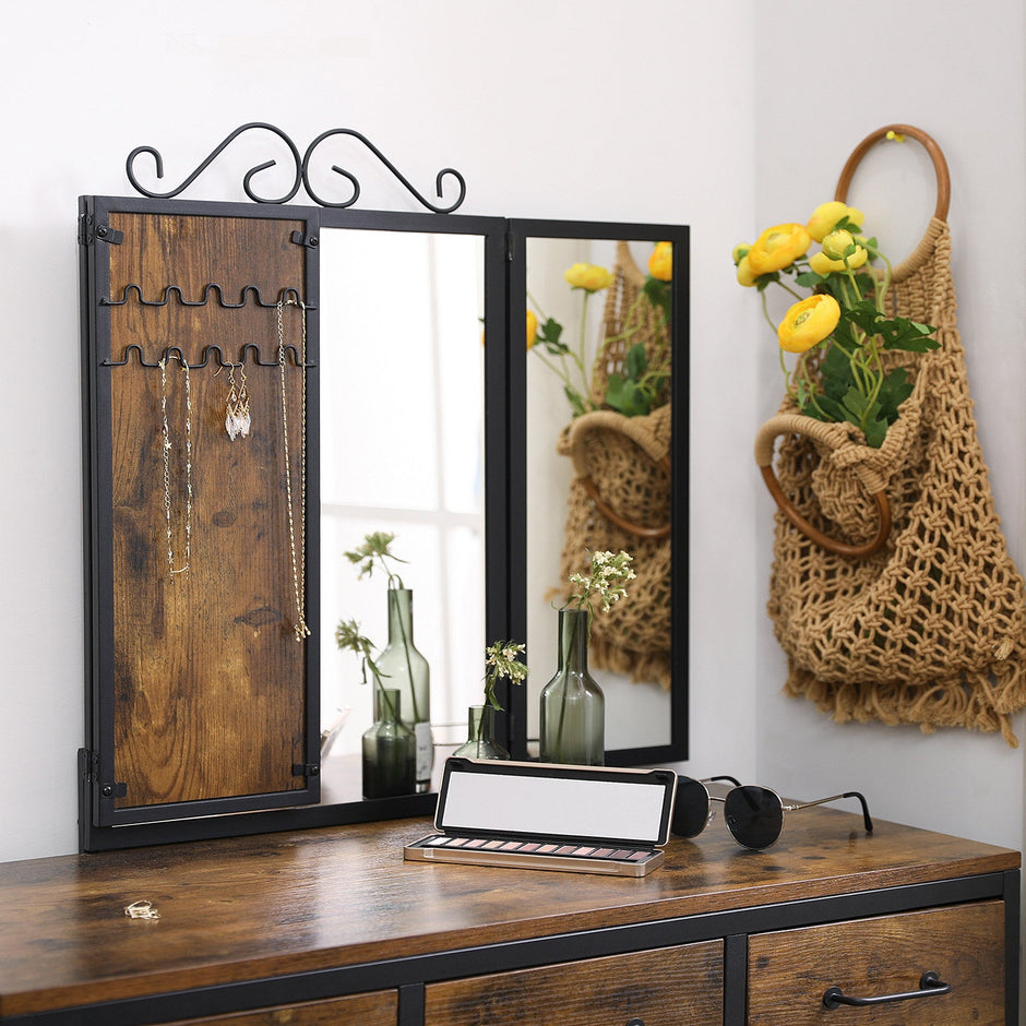 Vanity Table Set – Steel Frame – Rustic Brown and Black – Tri-Fold Mirror, 3 Drawers