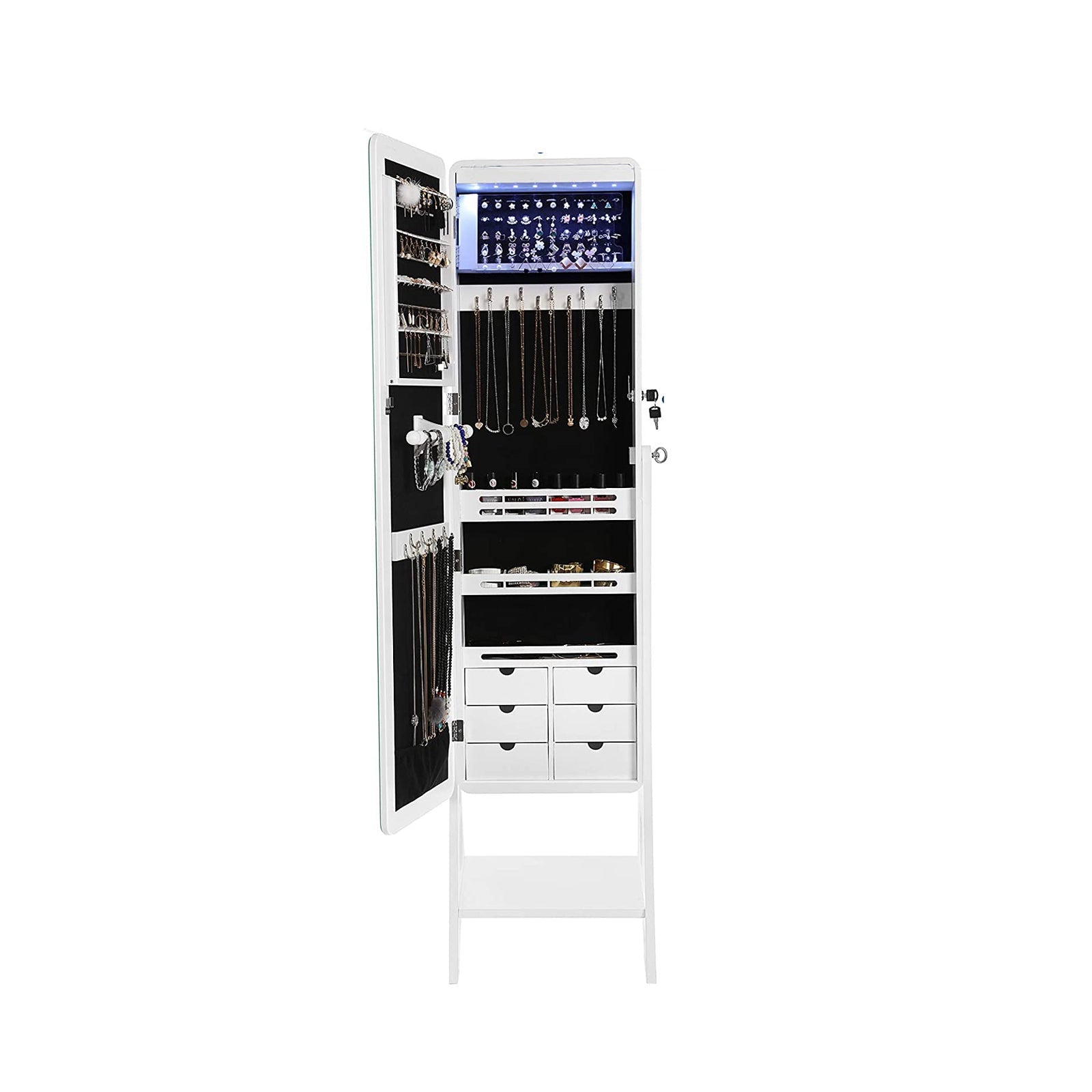 Jewelry Armoire – MDF – White – Lockable with Bevel Edge Mirror and 8 LEDs
