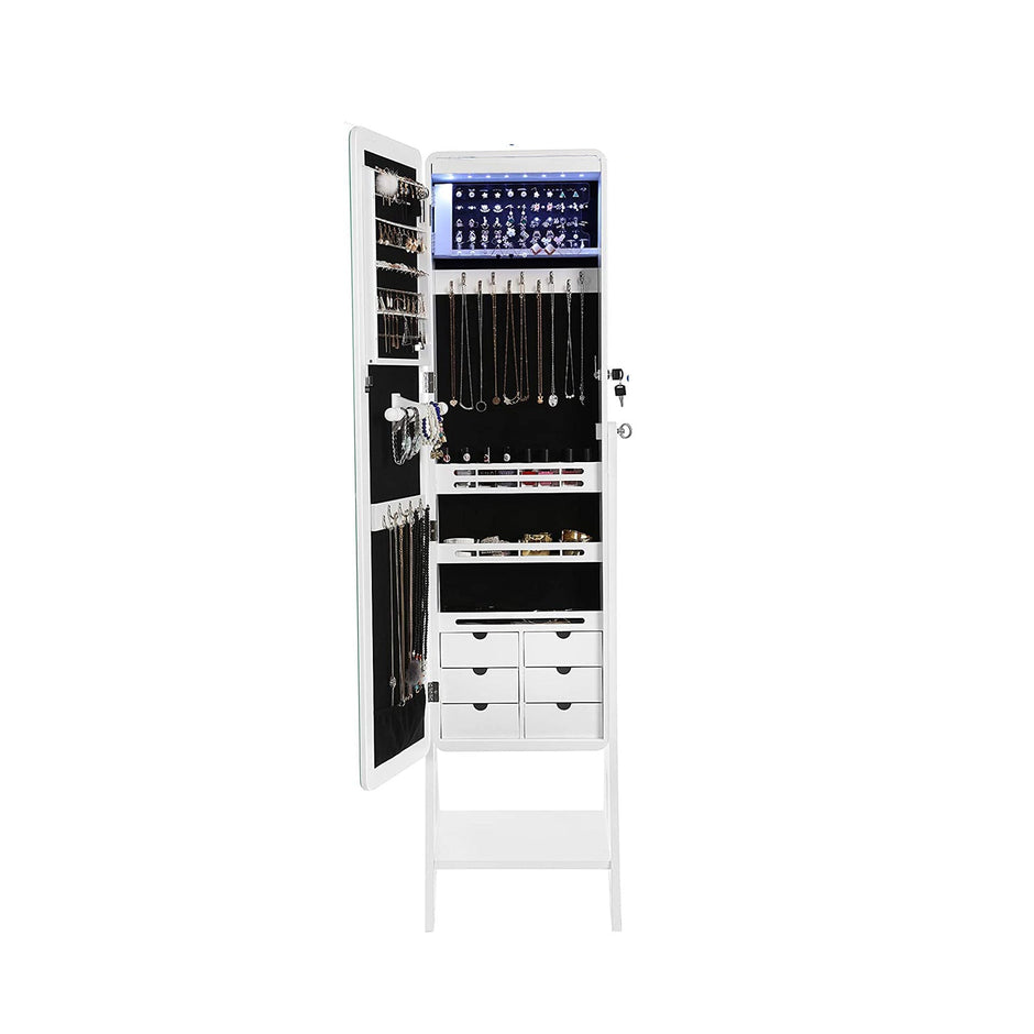 Jewelry Armoire – MDF – White – Lockable with Bevel Edge Mirror and 8 LEDs