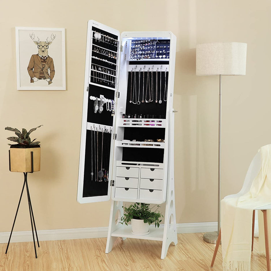 Jewelry Armoire – MDF – White – Lockable with Bevel Edge Mirror and 8 LEDs