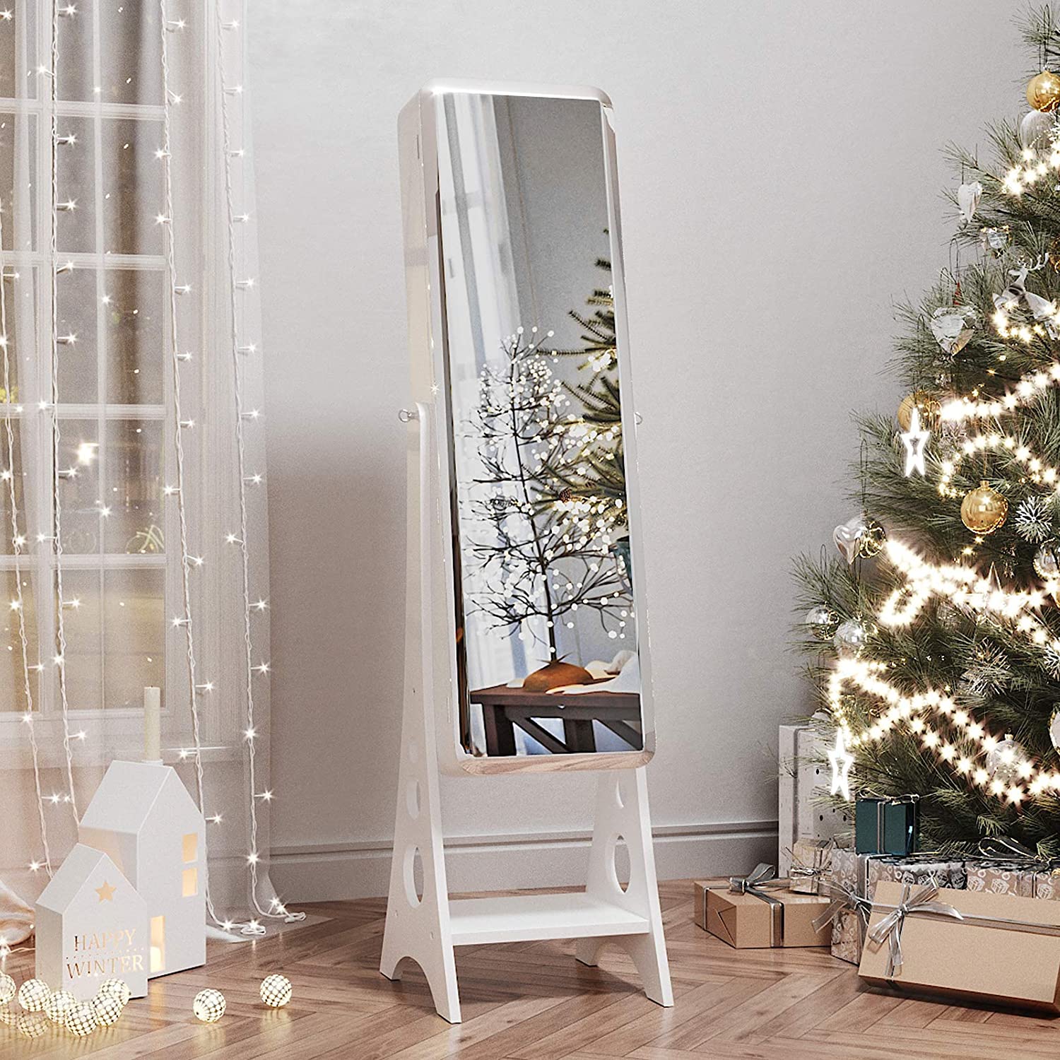 Jewelry Armoire – MDF – White – Lockable with Bevel Edge Mirror and 8 LEDs