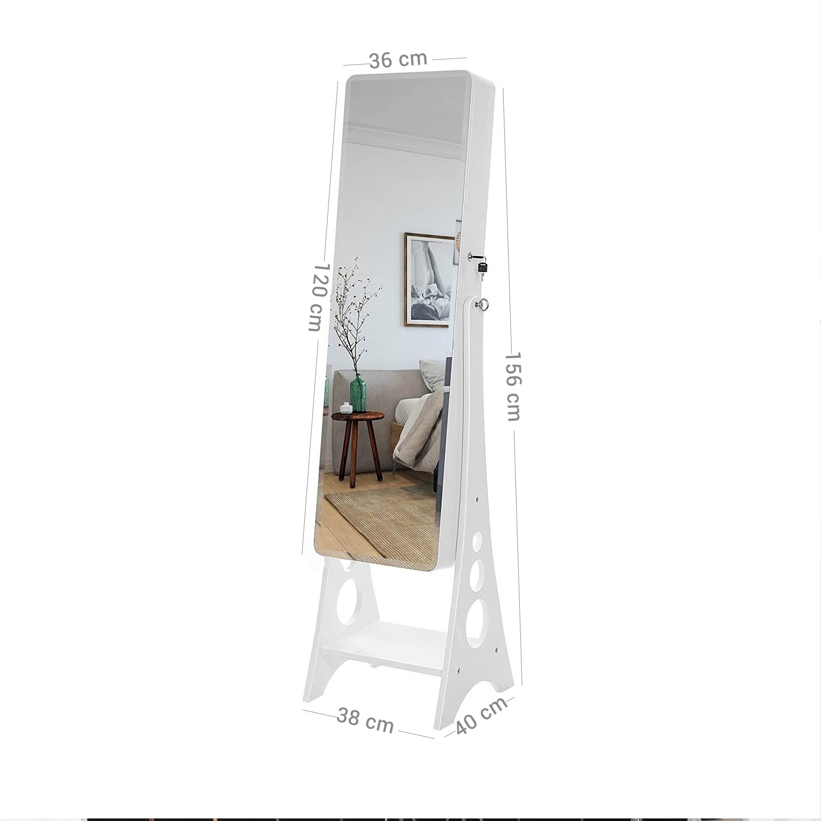 Jewelry Armoire – MDF – White – Lockable with Bevel Edge Mirror and 8 LEDs