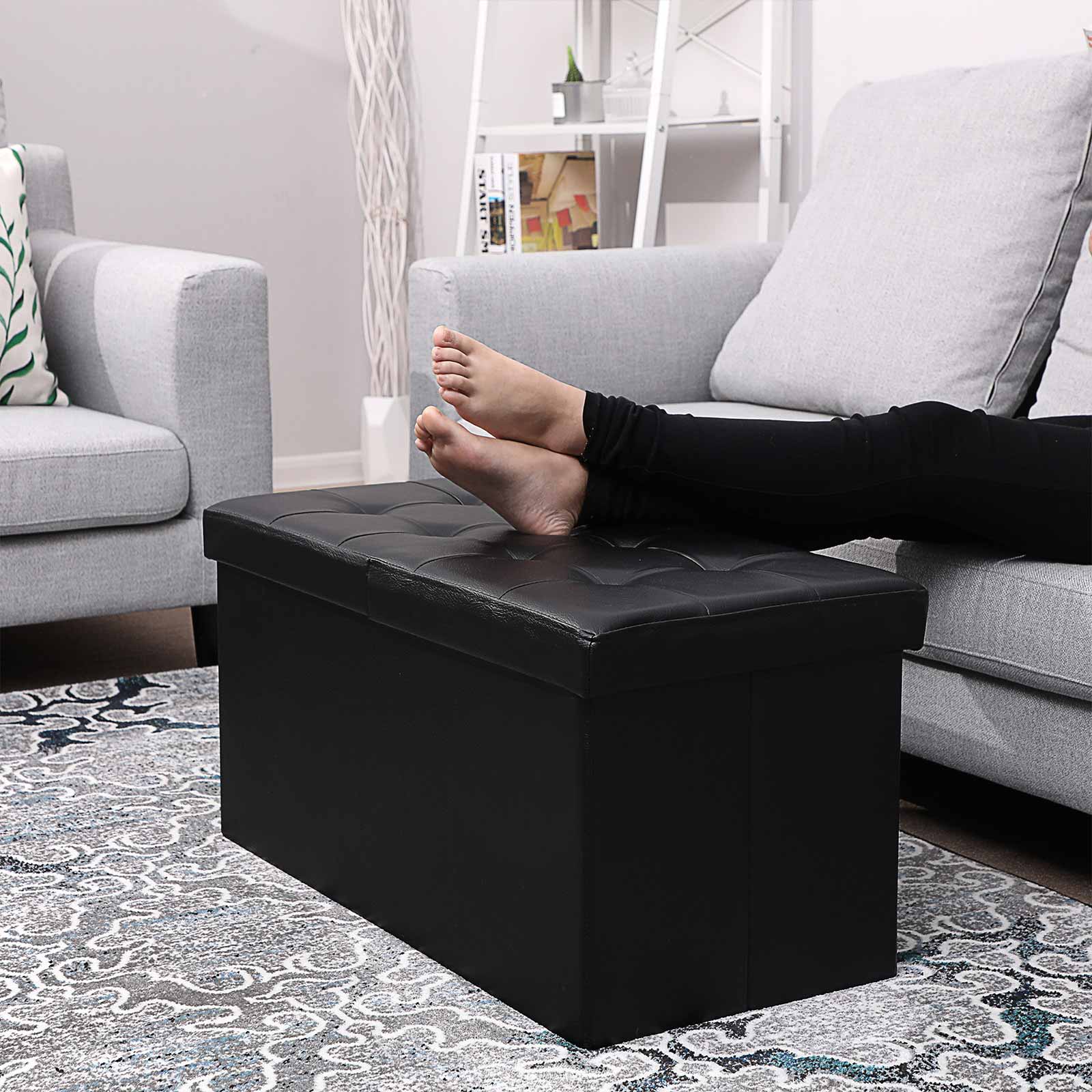 Folding Ottoman Bench – PU Leather and Foam – Brown – 80L Storage Chest with High Weight Capacity