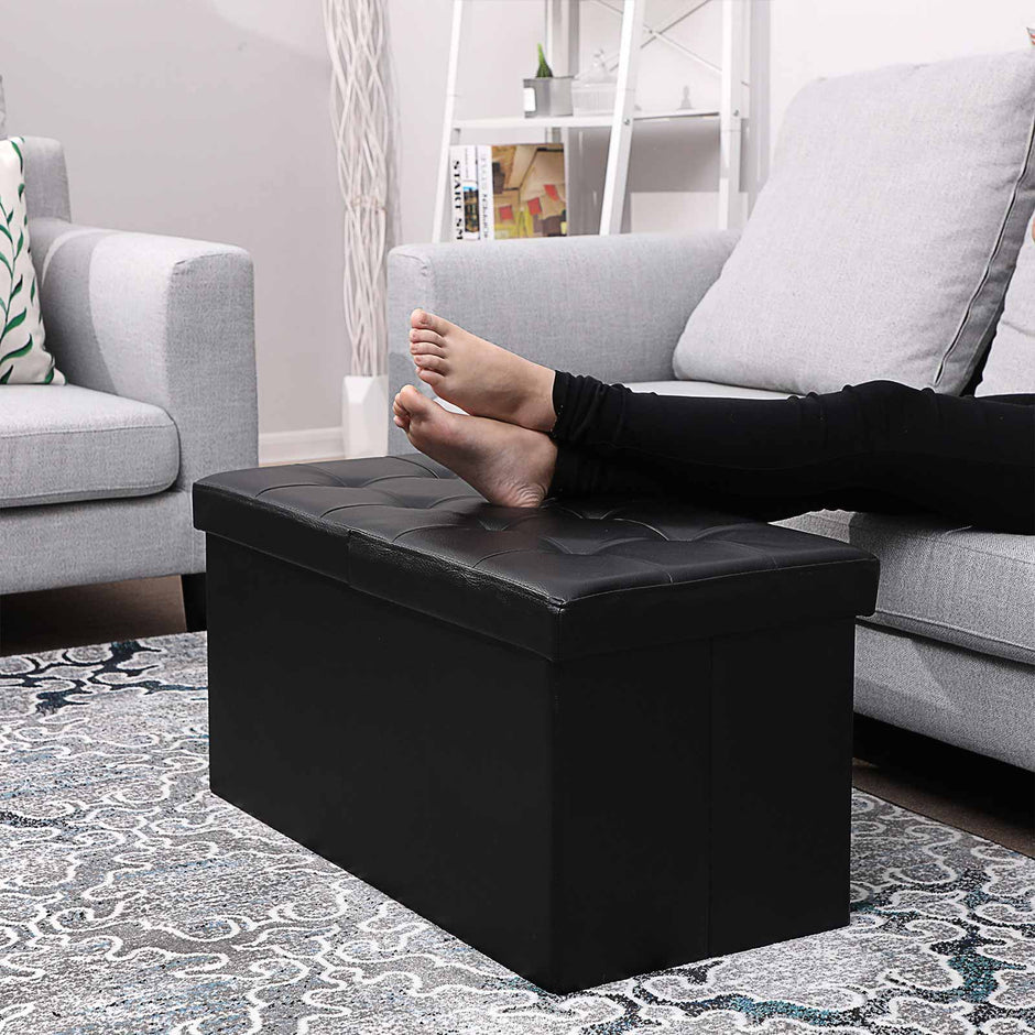 Folding Ottoman Bench – PU Leather and Foam – Brown – 80L Storage Chest with High Weight Capacity