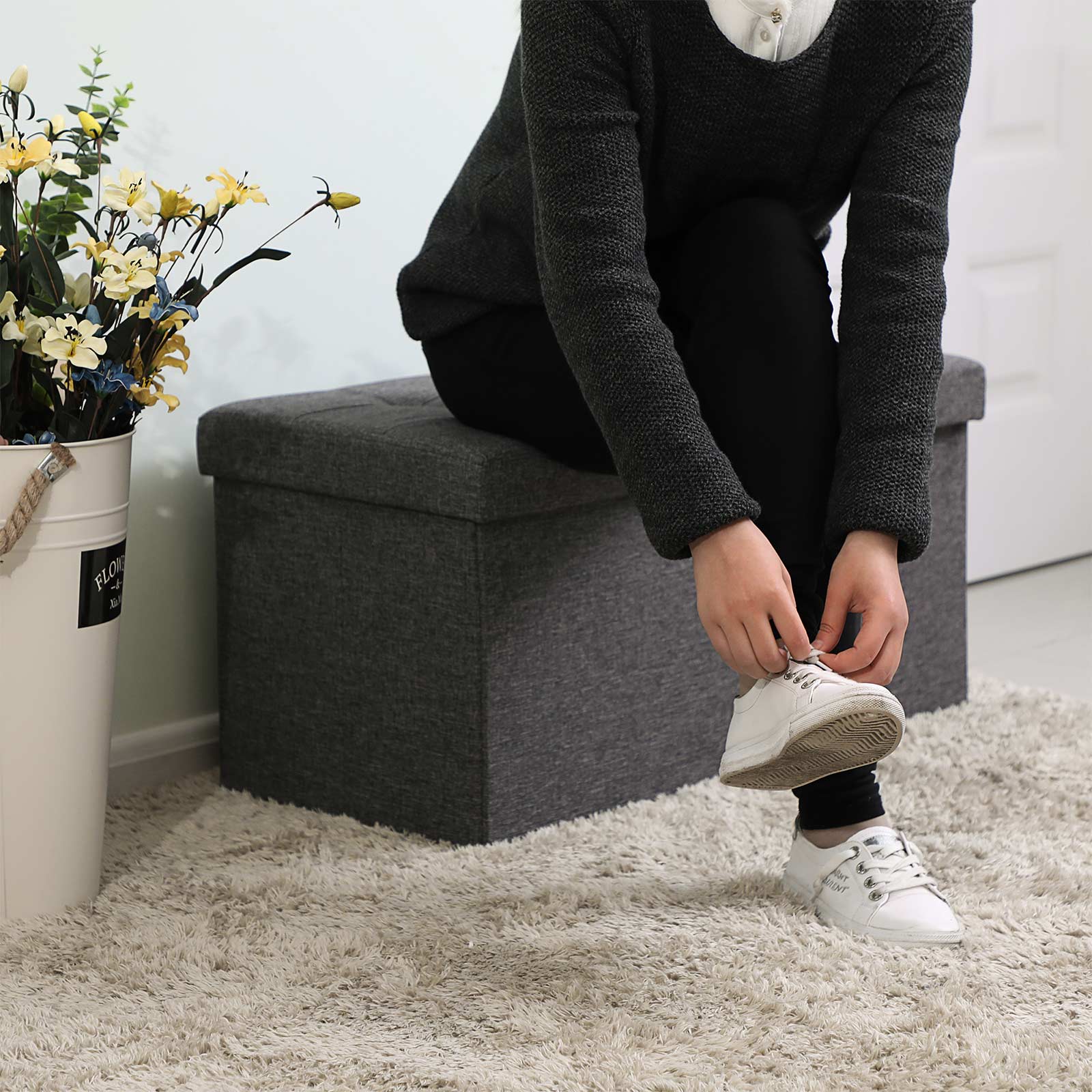 Linen Look Ottoman – Foam, MDF – Dark Grey – Folding Design, 80L Capacity