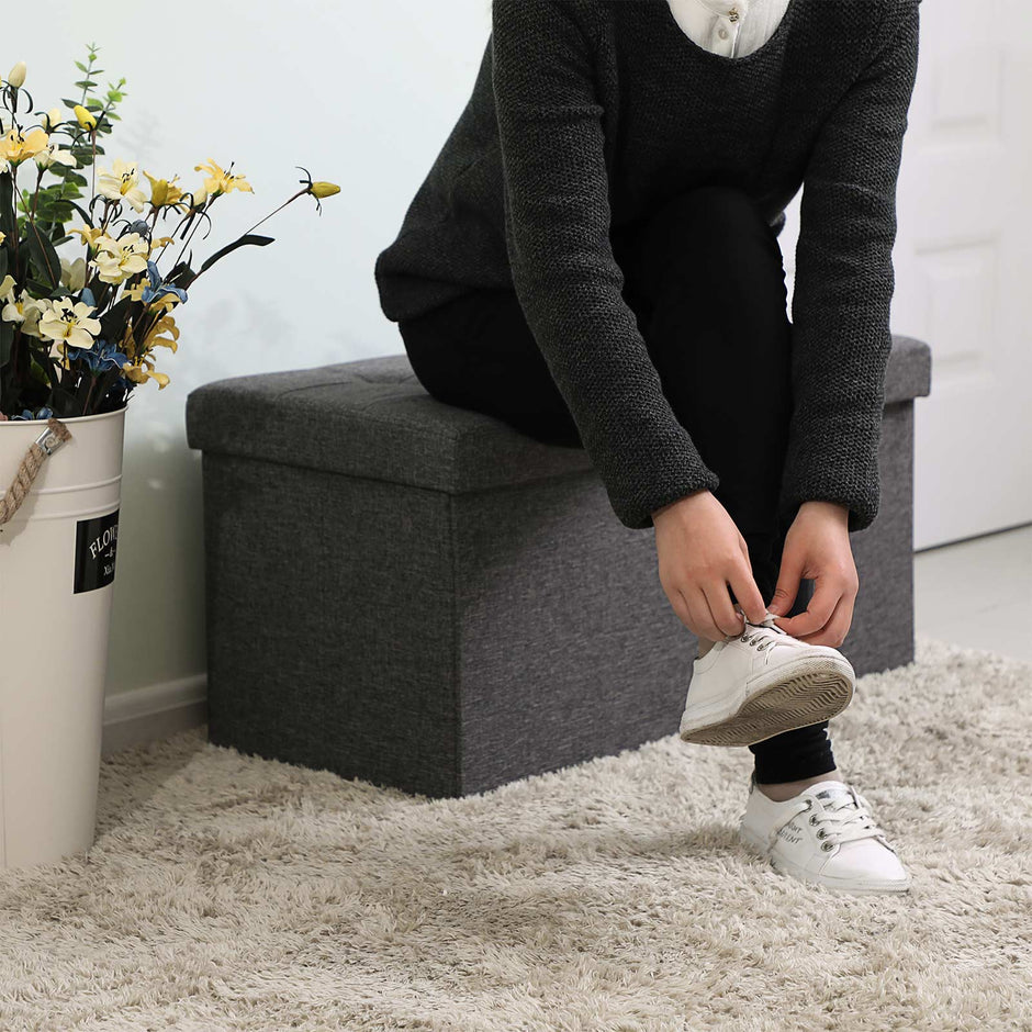 Linen Look Ottoman – Foam, MDF – Dark Grey – Folding Design, 80L Capacity