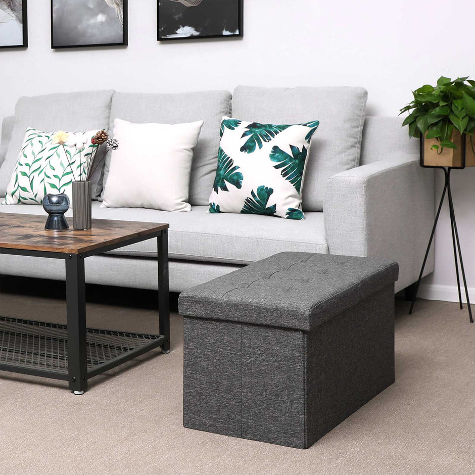 Linen Look Ottoman – Foam, MDF – Dark Grey – Folding Design, 80L Capacity
