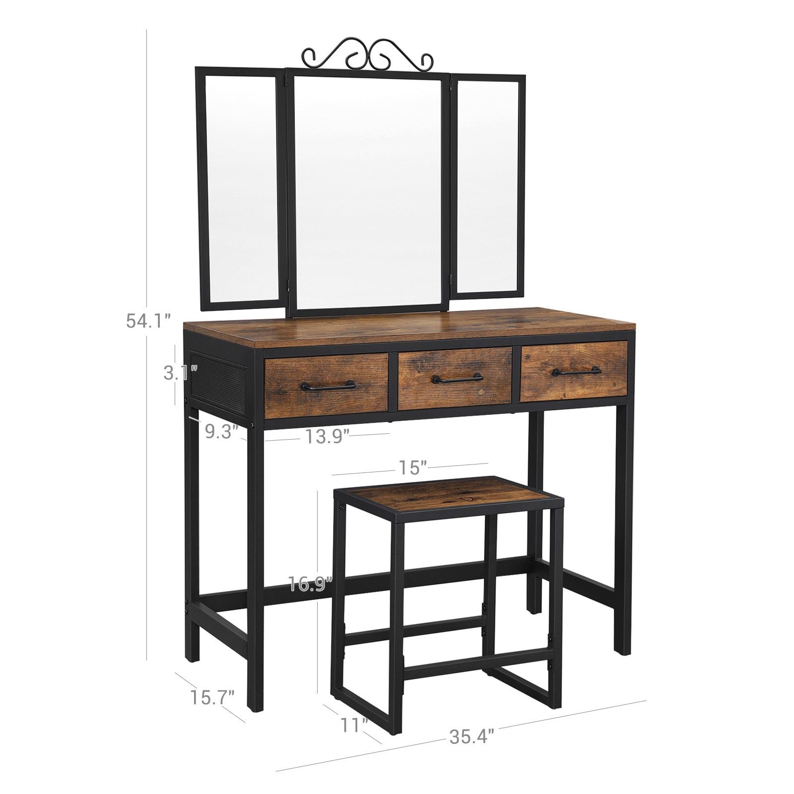 Vanity Table Set – Steel Frame – Rustic Brown and Black – Tri-Fold Mirror, 3 Drawers