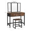 Vanity Table Set – Steel Frame – Rustic Brown and Black – Tri-Fold Mirror, 3 Drawers