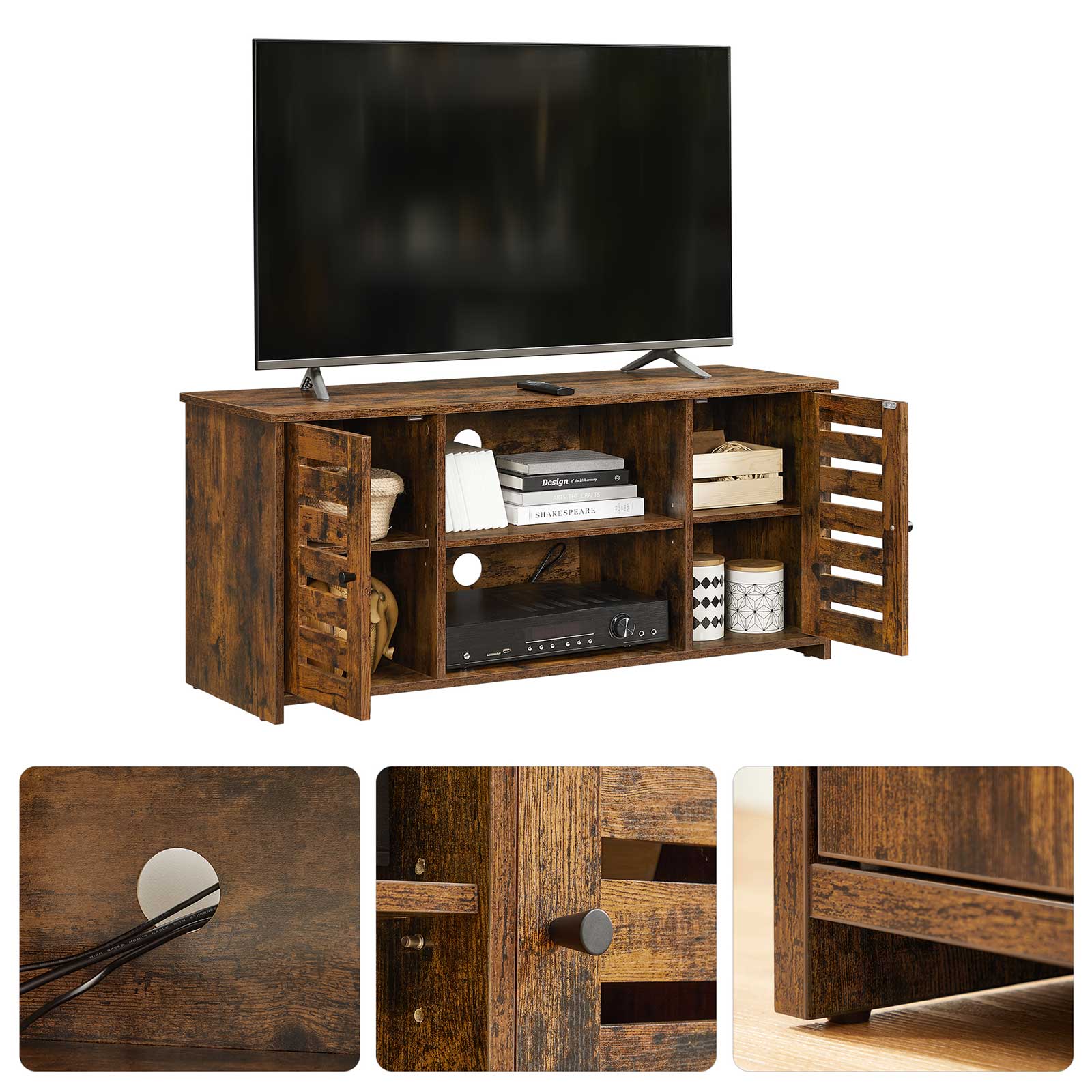 TV Cabinet – Engineered Wood – Rustic Brown – Adjustable Shelves with Cable Management