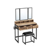 Dressing Table – Wood – Industrial Style – Tri-Fold Mirror, 3 Drawers, Hair Dryer Holder