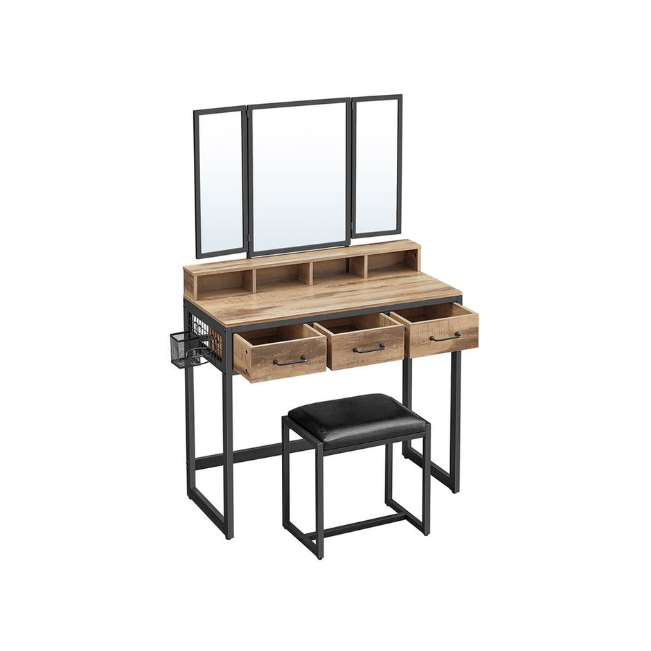 Dressing Table – Wood and Metal – Industrial Style – Tri-Fold Mirror, 3 Drawers, Hair Dryer Holder