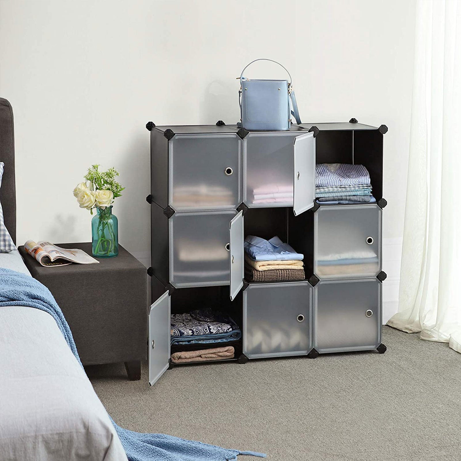 9 Cube Storage Organizer – Quality Plastic – White – Easy Assembly with Doors