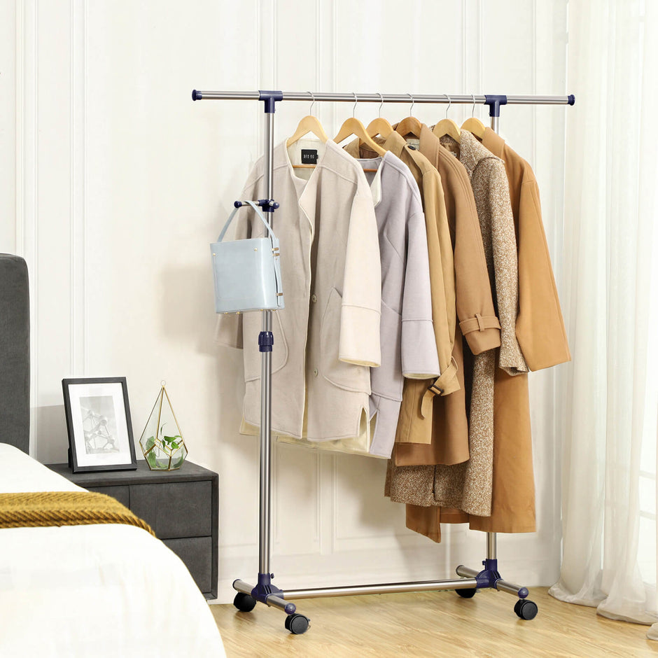 Adjustable Garment Rack – Stainless Steel – Grey – With Wheels and Additional Coat Hook