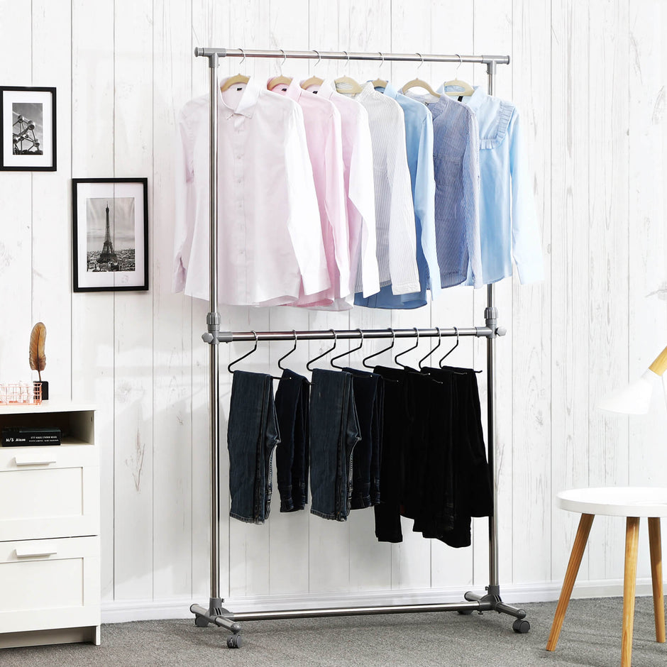 Adjustable Garment Rack – Stainless Steel – Metallic – Height Adjustable with Middle Rail