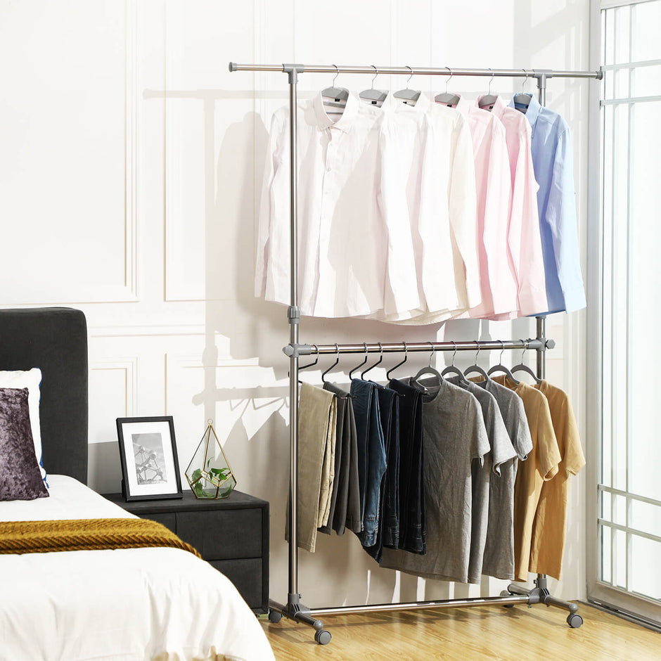 Adjustable Garment Rack – Stainless Steel – Metallic – Height Adjustable with Middle Rail