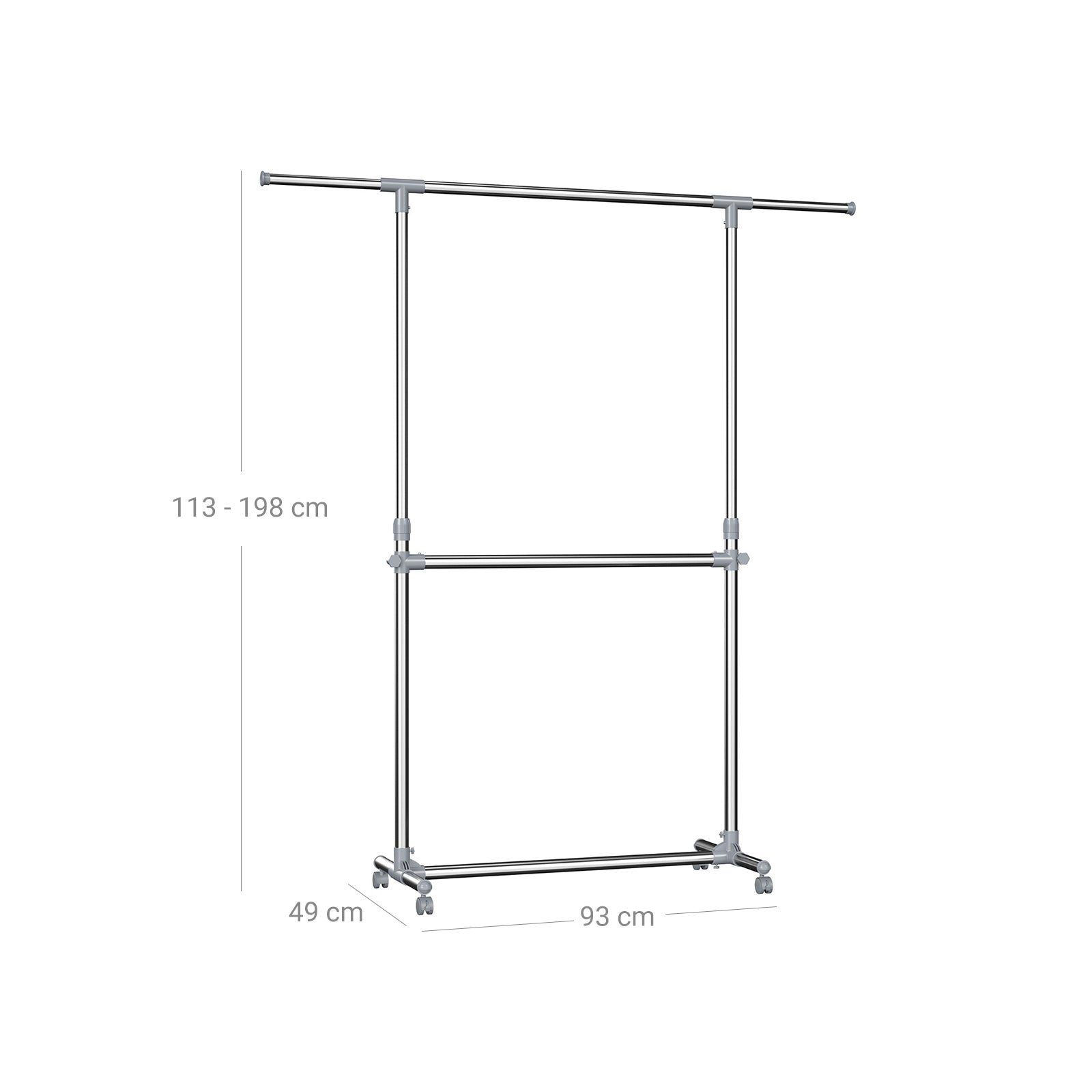 Adjustable Garment Rack – Stainless Steel – Metallic – Height Adjustable with Middle Rail