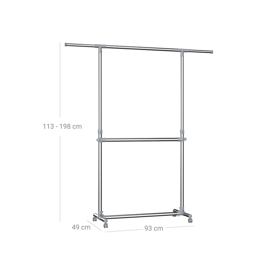 Adjustable Garment Rack – Stainless Steel – Metallic – Height Adjustable with Middle Rail
