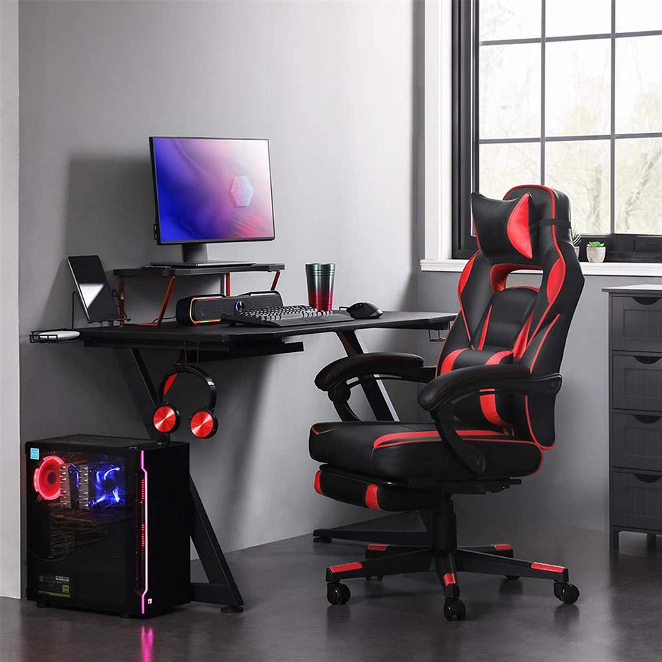 Adjustable Office Chair – Fabric – Black and Red – Ergonomic Design with Footrest and Lumbar Support