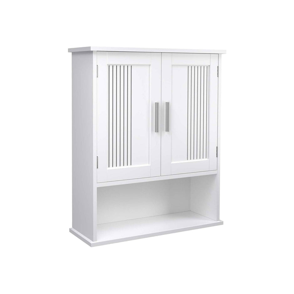 Wall Cabinet – Wood – White – Adjustable Shelf with Double Doors and Open Shelf