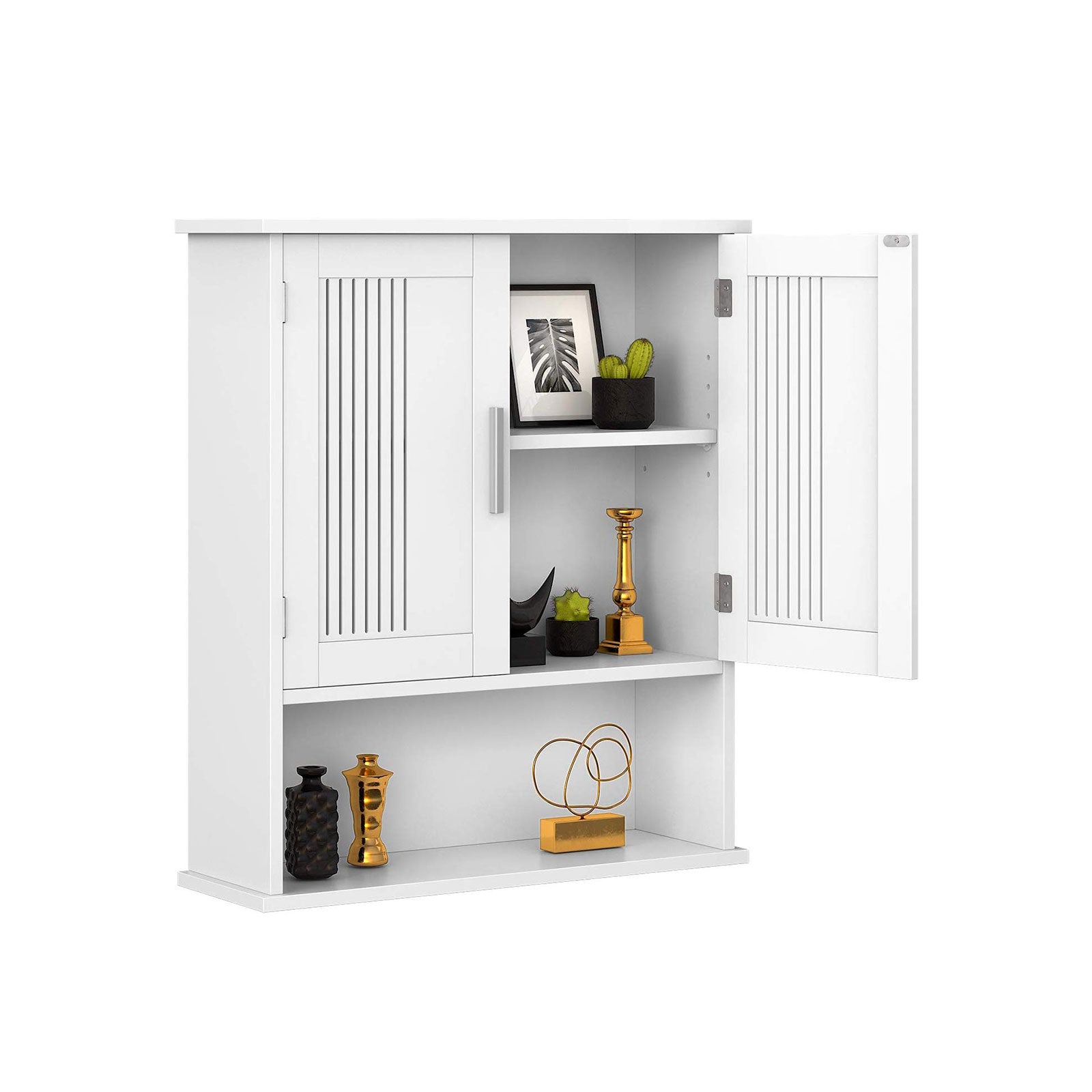 Wall Cabinet – Wood – White – Adjustable Shelf with Double Doors and Open Shelf