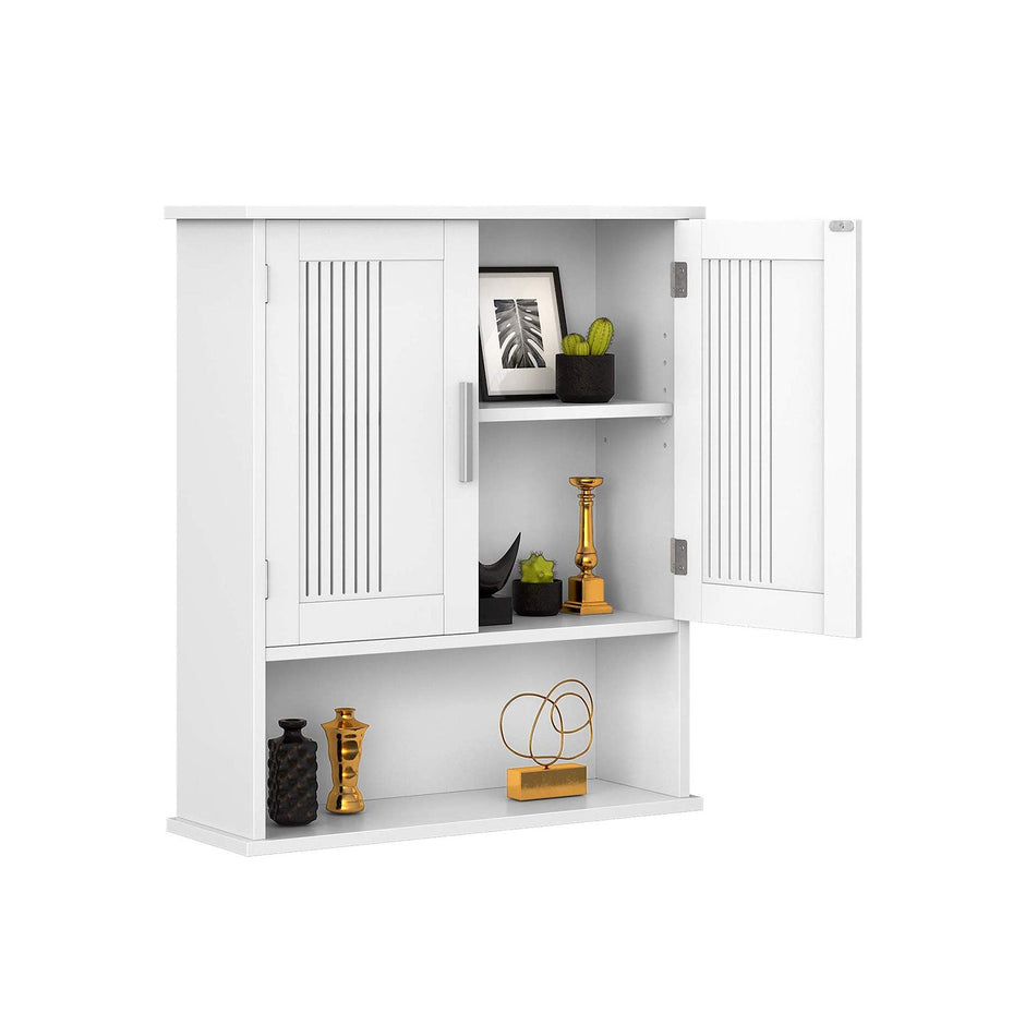 Wall Cabinet – Wood – White – Adjustable Shelf with Double Doors and Open Shelf
